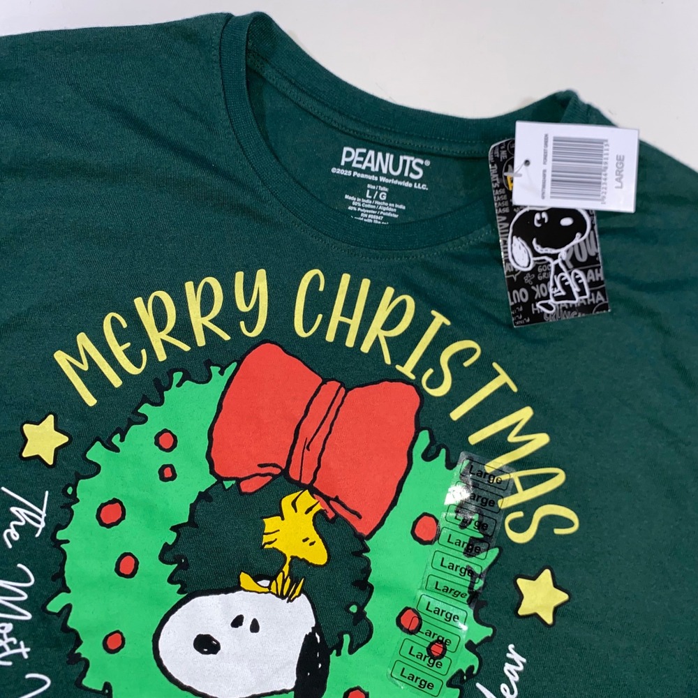 Peanuts Snoopy Woodstock Merry Christmas Green Graphic T-Shirt Mens Large New